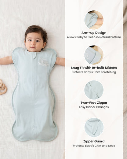 Twingle 100% Organic Cotton Sleeping Bag with Inbuilt Mittens-Snug Fit & Arms Up Design for Natural Body Posture-Zip Guard to Protect Baby's Chin & Neck-Two Way Zipper for Easy Diaper Change-Solid-Misty Blue-For Infants