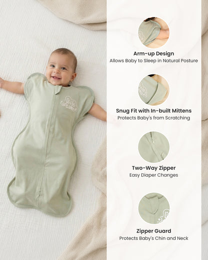 Twingle 100% Organic Cotton Sleeping Bag with Inbuilt Mittens-Snug Fit & Arms Up Design for Natural Body Posture-Zip Guard to Protect Baby's Chin & Neck-Two Way Zipper for Easy Diaper Change-Solid-Swamp-For Infants