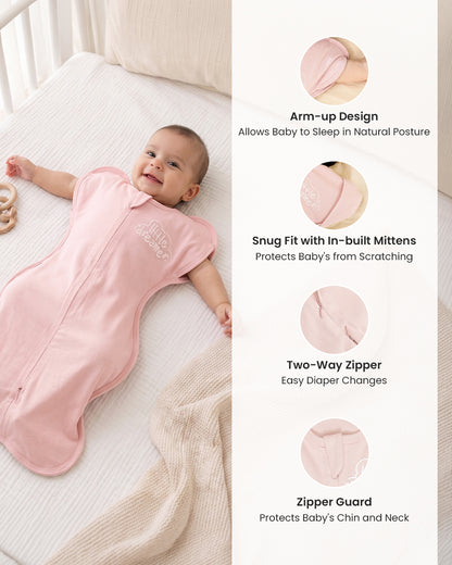 Twingle 100% Organic Cotton Sleeping Bag with Inbuilt Mittens-Snug Fit & Arms Up Design for Natural Body Posture-Zip Guard to Protect Baby's Chin & Neck-Two Way Zipper for Easy Diaper Change-Solid-Lotus-For Infants