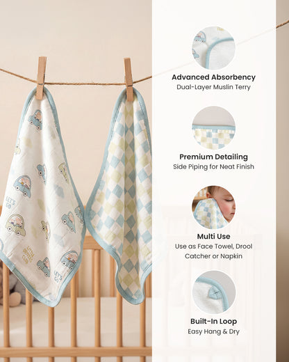 Twingle 100% Organic Muslin Wash Cloths-Soft Terry on the Back for maximum Absorbency-Built In Loop for Everyday Convenience-Driver & Checks Print-Pack of 2-For Infants