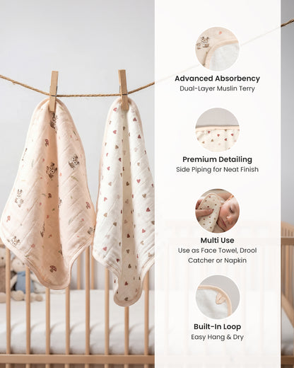 Twingle 100% Organic Muslin Wash Cloths-Soft Terry on the Back for maximum Absorbency-Built In Loop for Everyday Convenience-Deer & Hearts Print-Pack of 2-For Infants