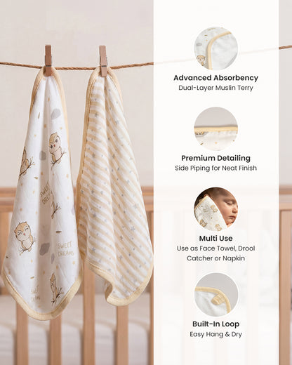 Twingle 100% Organic Muslin Wash Cloths-Soft Terry on the Back for maximum Absorbency-Built In Loop for Everyday Convenience-Owls & Stars Print-Pack of 2-For Infants