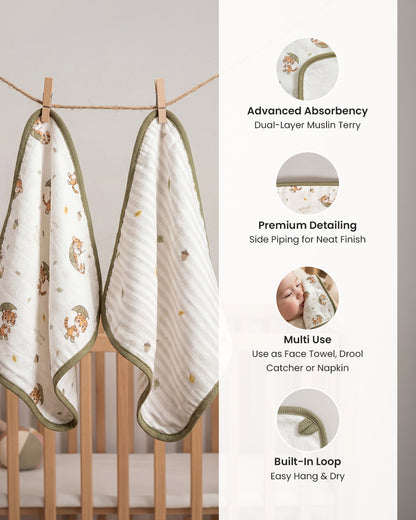 Twingle 100% Organic Muslin Wash Cloths-Soft Terry on the Back for maximum Absorbency-Built In Loop for Everyday Convenience-Roars & Autumn Print-Pack of 2-For Infants