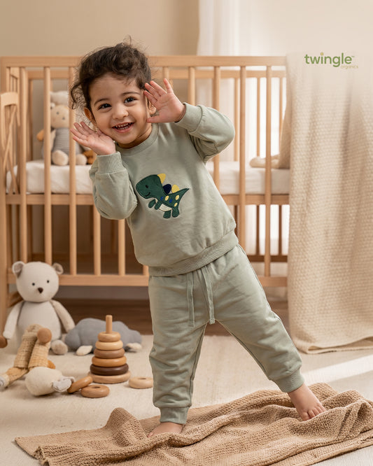 Twingle 100% Organic Cotton Jogger Set-Hypoallergenic Fabric-No Itchy Tags-Soft Elasticated Waistband-Long Sleeves-Solid-Sage Green-For Infants