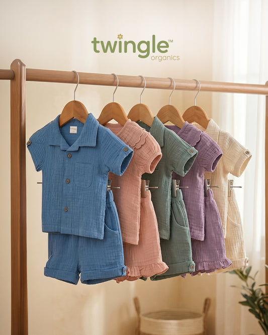 Twingle 100% Organic Muslin Shirt & Shorts Set-Lightweight & Breathable Fabric-Puff Sleeves-Soft Elasticated Waistband-Short Sleeves-Solid-Olive Green-For Infants