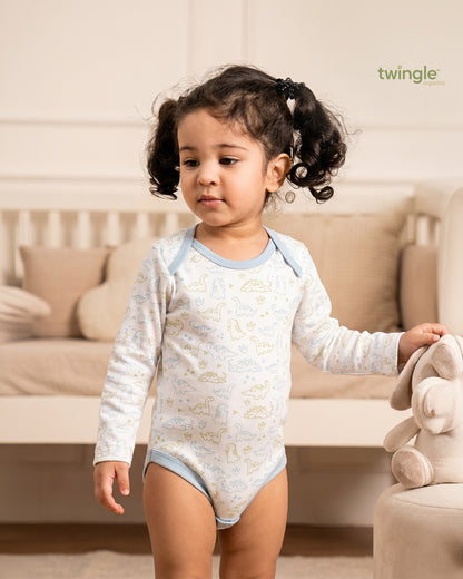 Twingle 100% Organic Cotton Bodysuit-Envelope Neck for Easy Dressing-Nickel Free Snaps-Long Sleeves-Dino Print-White-For Infants