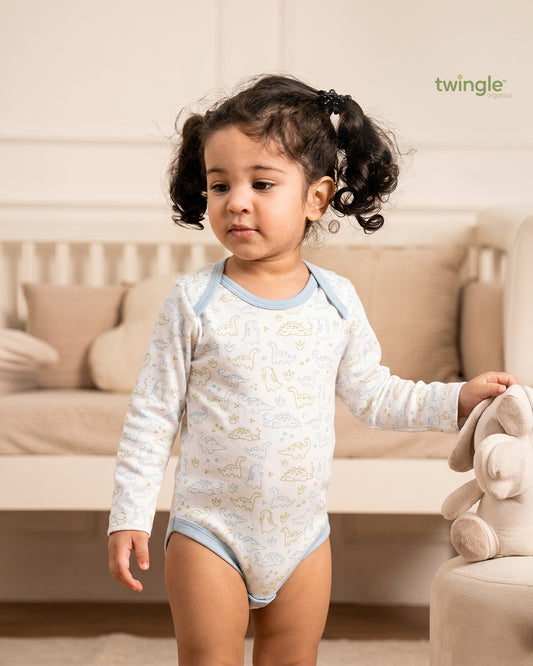 Twingle 100% Organic Cotton Bodysuit-Envelope Neck for Easy Dressing-Nickel Free Snaps-Long Sleeves-Dino Print-White-For Infants