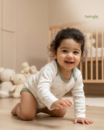 Twingle 100% Organic Cotton Bodysuit-Envelope Neck for Easy Dressing-Nickel Free Snaps-Long Sleeves-Elephant Print-White-For Infants