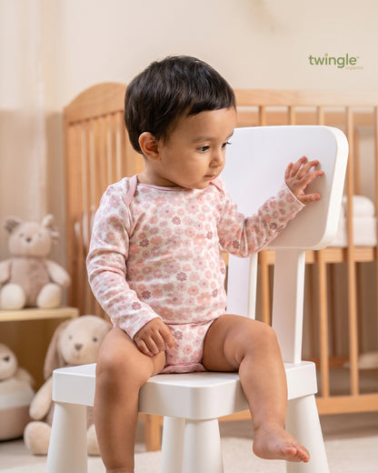 Twingle 100% Organic Cotton Bodysuit-Envelope Neck for Easy Dressing-Nickel Free Snaps-Long Sleeves-Floral Print-Pastel Pink-For Infants