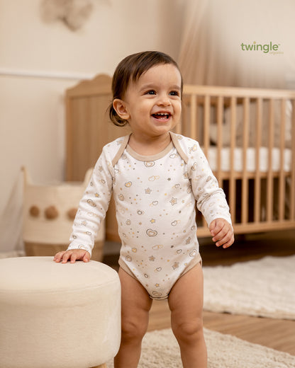 Twingle 100% Organic Cotton Bodysuit-Envelope Neck for Easy Dressing-Nickel Free Snaps-Long Sleeves-Hearts & Stars Print-White-For Infants