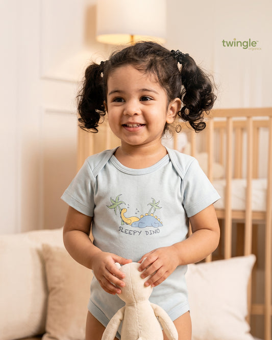Twingle 100% Organic Cotton Bodysuit-Envelope Neck for Easy Dressing-Nickel Free Snaps-Short Sleeves-Solid-Light Blue-For Infants