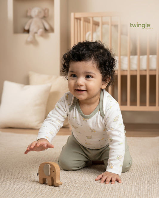 Twingle 100% Organic Cotton Bodysuit with Leggings-Envelope Neck for Easy Dressing-No Itchy Tags-Soft Elasticated Waistband-Long Sleeves-Elephant Print-White-For Infants