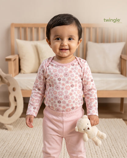 Twingle 100% Organic Cotton Bodysuit with Leggings-Envelope Neck for Easy Dressing-No Itchy Tags-Soft Elasticated Waistband-Long Sleeves-Floral Print-Pastel Pink-For Infants