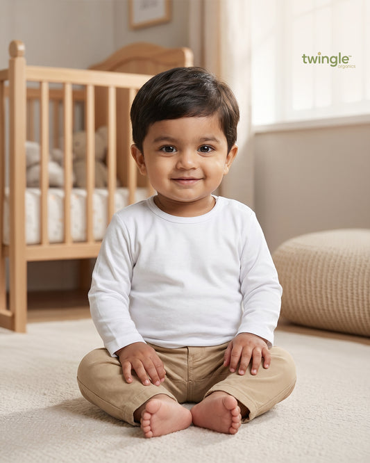 Twingle 100% Organic Cotton Vest-Round Neck-No Itchy Tags-Long Sleeves-Solid-White-Pack of 3-For Infants