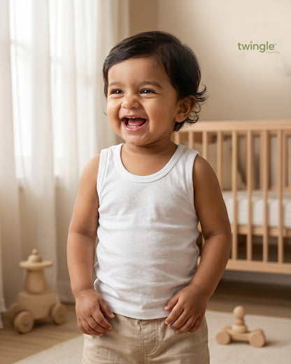 Twingle 100% Organic Cotton Vest-Round Neck-No Itchy Neck Tags-Sleeveless-Solid-White-Pack of 3-For Infants