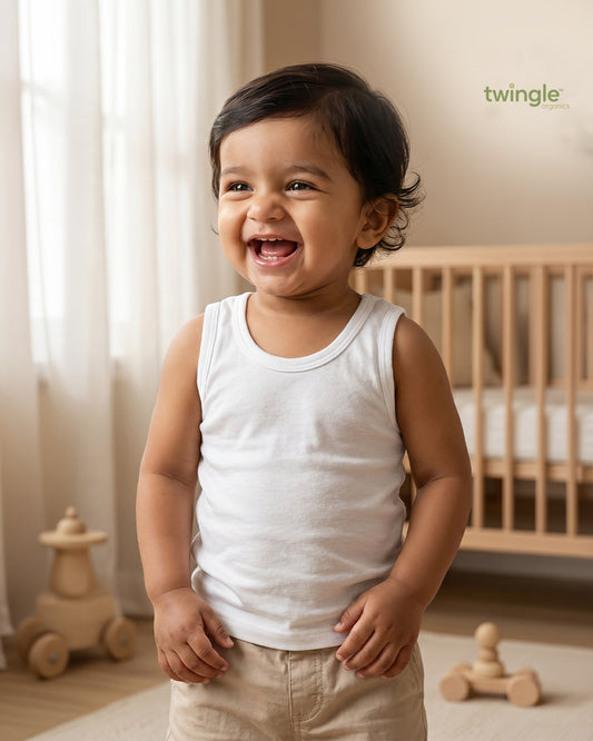 Twingle 100% Organic Cotton Vest-Round Neck-No Itchy Neck Tags-Sleeveless-Solid-White-Pack of 3-For Infants