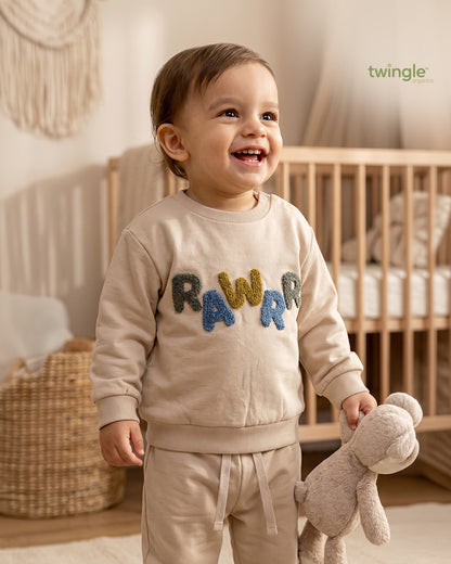 Twingle 100% Organic Cotton Jogger Set-Hypoallergenic Fabric-No Itchy Tags-Soft Elasticated Waistband-Long Sleeves-Solid-Beige-For Infants