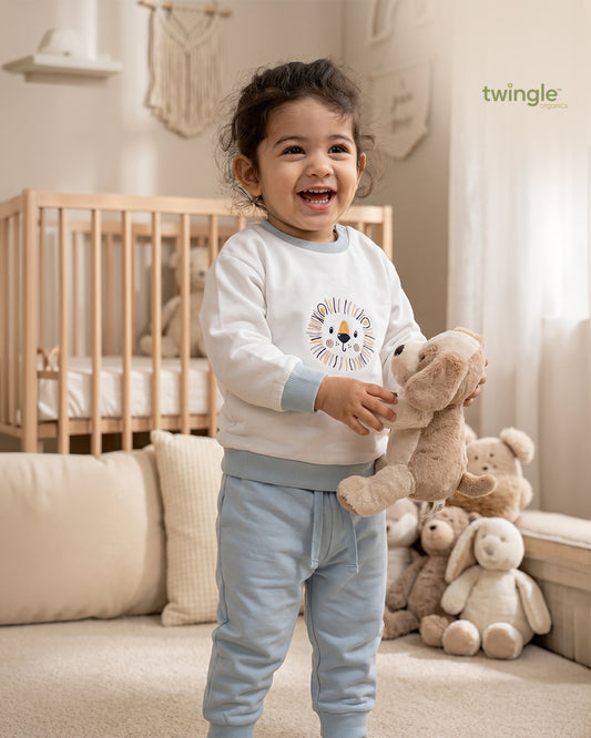 Twingle 100% Organic Cotton Jogger Set-Hypoallergenic Fabric-No Itchy Tags-Soft Elasticated Waistband-Long Sleeves-Solid-Light Blue-For Infants