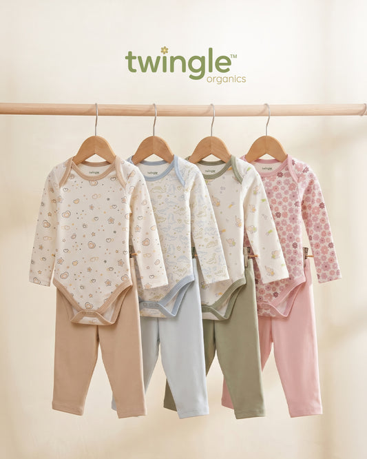 Twingle 100% Organic Cotton Bodysuit with Leggings-Envelope Neck for Easy Dressing-No Itchy Tags-Soft Elasticated Waistband-Long Sleeves-Elephant Print-White-For Infants
