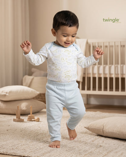 Twingle 100% Organic Cotton Bodysuit with Leggings-Envelope Neck for Easy Dressing-No Itchy Tags-Soft Elasticated Waistband-Long Sleeves-Dino Print-White-For Infants