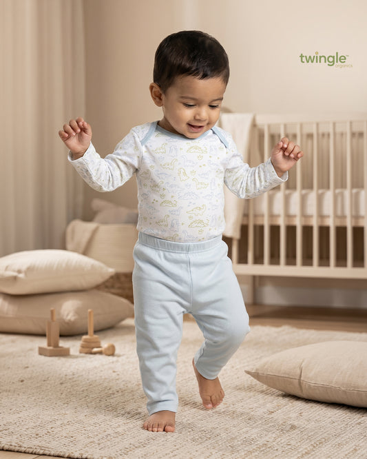 Twingle 100% Organic Cotton Bodysuit with Leggings-Envelope Neck for Easy Dressing-No Itchy Tags-Soft Elasticated Waistband-Long Sleeves-Dino Print-White-For Infants