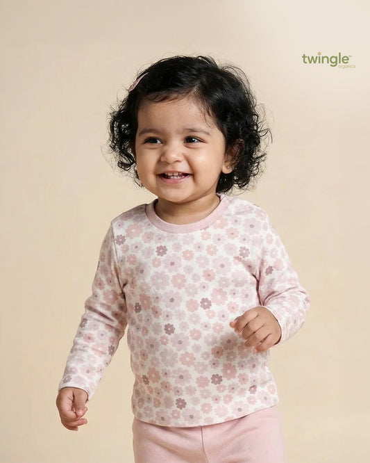 Twingle 100% Organic Cotton T-shirt-No Itchy Neck Tags-Shoulder Snaps for Easy Dressing-Long Sleeves-Floral Print-White-For Infants