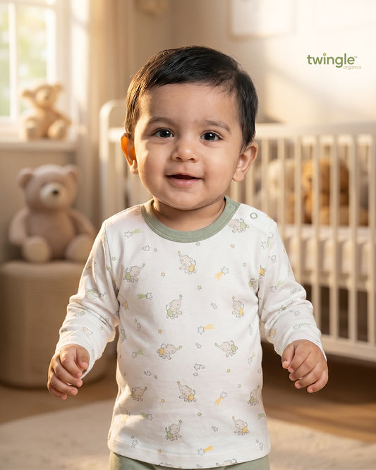 Twingle 100% Organic Cotton T-shirt-No Itchy Neck Tags-Shoulder Snaps for Easy Dressing-Long Sleeves-Elephant Print-White-For Infants