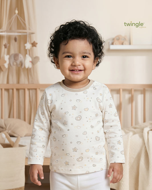 Twingle 100% Organic Cotton T-shirt-No Itchy Neck Tags-Shoulder Snaps for Easy Dressing-Long Sleeves-Hearts & Stars Print-White-For Infants
