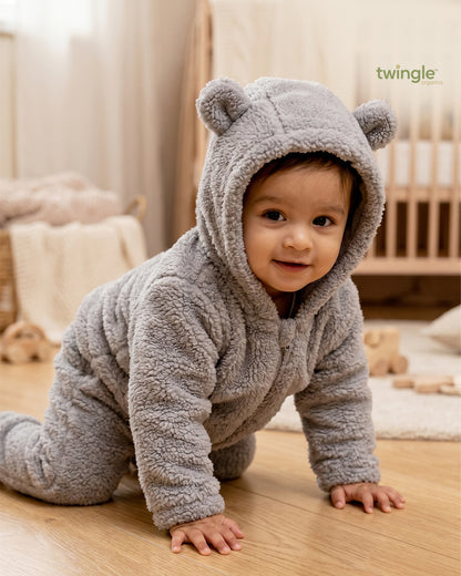 Twingle Faux Fur Winter Wear Hoodie & Jogger Set-100% Cotton Lining-Soft Adjustable Waistband-Long Sleeves-Solid-Grey-For Infants
