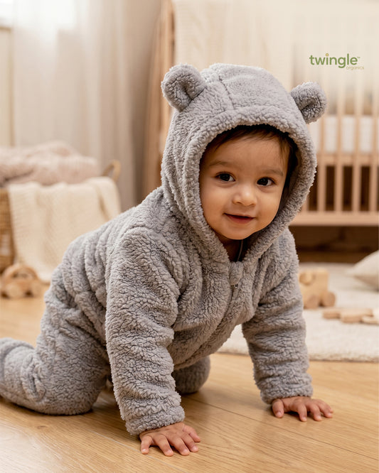 Twingle Faux Fur Winter Wear Hoodie & Jogger Set-100% Cotton Lining-Soft Adjustable Waistband-Long Sleeves-Solid-Grey-For Infants