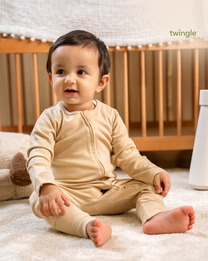 Twingle 100% Organic Cotton Sleepsuit-Zip Guard to Protect Baby's Chin & Neck-Two Way Zipper for Easy Diaper Change-Inbuilt Booties & Mittens-Solid-Beige-For Infants