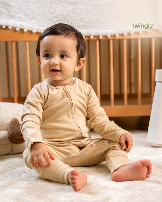 Twingle 100% Organic Cotton Sleepsuit-Zip Guard to Protect Baby's Chin & Neck-Two Way Zipper for Easy Diaper Change-Inbuilt Booties & Mittens-Solid-Beige-For Infants