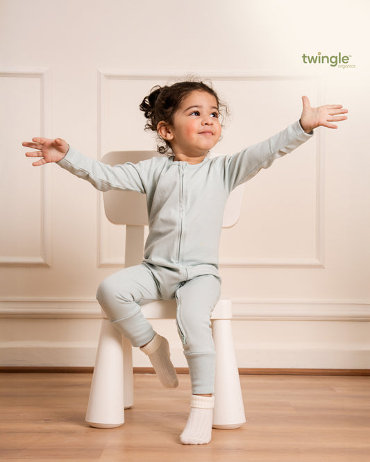 Twingle 100% Organic Cotton Sleepsuit-Zip Guard to Protect Baby's Chin & Neck-Two Way Zipper for Easy Diaper Change-Inbuilt Booties & Mittens-Solid-Light Blue-For Infants