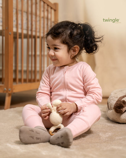 Twingle 100% Organic Cotton Sleepsuit-Zip Guard to Protect Baby's Chin & Neck-Two Way Zipper for Easy Diaper Change-Inbuilt Booties & Mittens-Solid-Pastel Pink-For Infants