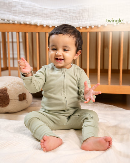 Twingle 100% Organic Cotton Sleepsuit-Zip Guard to Protect Baby's Chin & Neck-Two Way Zipper for Easy Diaper Change-Inbuilt Booties & Mittens-Solid-Sage Green-For Infants