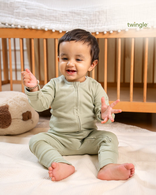 Twingle 100% Organic Cotton Sleepsuit-Zip Guard to Protect Baby's Chin & Neck-Two Way Zipper for Easy Diaper Change-Inbuilt Booties & Mittens-Solid-Sage Green-For Infants