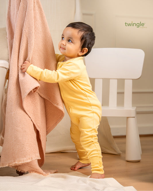 Twingle 100% Organic Cotton Sleepsuit-Zip Guard to Protect Baby's Chin & Neck-Two Way Zipper for Easy Diaper Change-Inbuilt Booties & Mittens-Solid-Yellow-For Infants