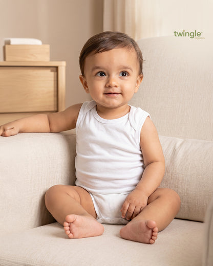 Twingle 100% Organic Cotton Bodysuit Vest-Envelope Neck for Easy Dressing-No Itchy Neck Tags-Sleeveless-Solid-White-Pack of 3-For Infants