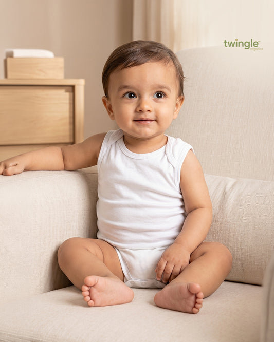Twingle 100% Organic Cotton Bodysuit Vest-Envelope Neck for Easy Dressing-No Itchy Neck Tags-Sleeveless-Solid-White-Pack of 3-For Infants