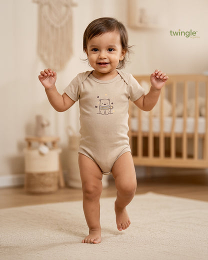 Twingle 100% Organic Cotton Bodysuit-Envelope Neck for Easy Dressing-Nickel Free Snaps-Short Sleeves-Solid-Beige-For Infants