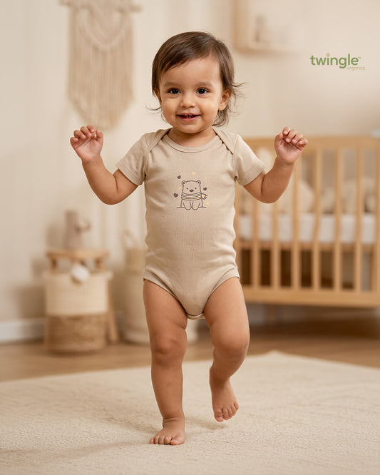 Twingle 100% Organic Cotton Bodysuit-Envelope Neck for Easy Dressing-Nickel Free Snaps-Short Sleeves-Solid-Beige-For Infants