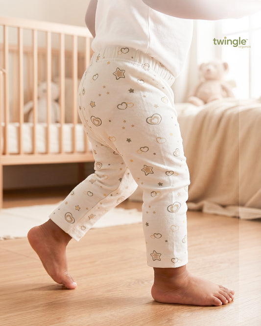 Twingle 100% Organic Cotton Leggings-Soft Elasticated Waistband-No Itchy Tags-Hearts & Stars Print-White-For Infants