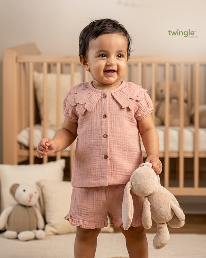 Twingle 100% Organic Muslin Shirt & Shorts Set-Lightweight & Breathable Fabric-Puff Sleeves-Soft Elasticated Waistband-Short Sleeves-Solid-Peach Pink-For Infants