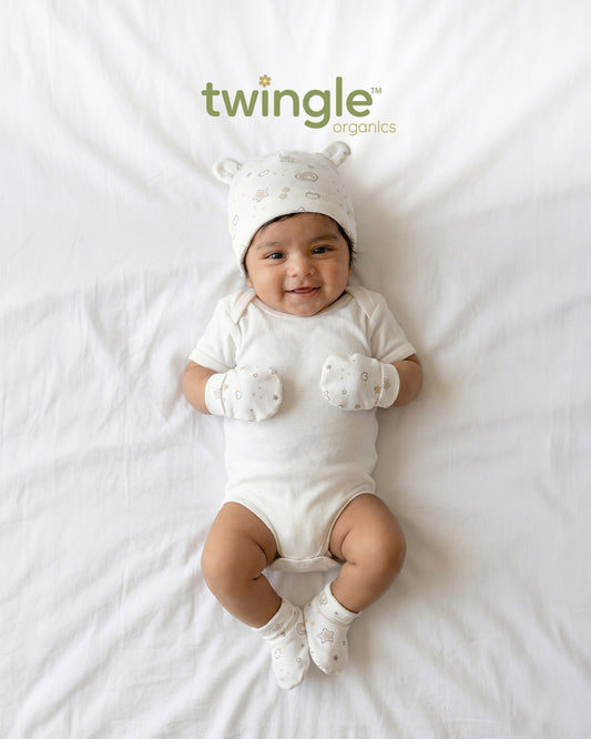 Twingle 100% Organic Cotton Cap, Booties & Mittens Set-Snug Cap-Mittens & Booties-with Soft Elasticated Cuffs for Secure Fit-Floral Print-White-For Infants