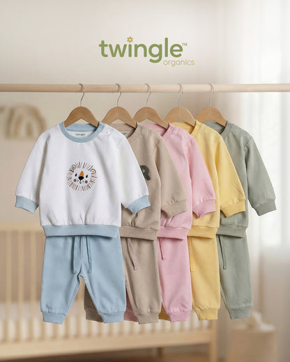 Twingle 100% Organic Cotton Jogger Set-Hypoallergenic Fabric-No Itchy Tags-Soft Elasticated Waistband-Long Sleeves-Solid-Beige-For Infants