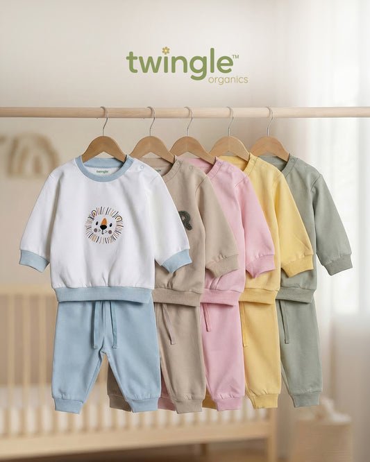 Twingle 100% Organic Cotton Jogger Set-Hypoallergenic Fabric-No Itchy Tags-Soft Elasticated Waistband-Long Sleeves-Solid-Sage Green-For Infants