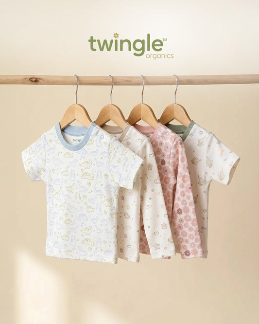 Twingle 100% Organic Cotton T-shirt-No Itchy Neck Tags-Shoulder Snaps for Easy Dressing-Long Sleeves-Floral Print-White-For Infants