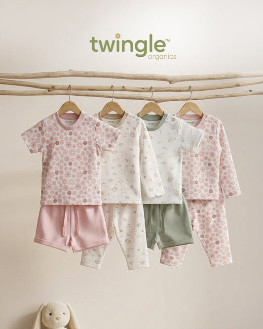 Twingle 100% Organic Cotton T-shirt & Shorts Set-No Itchy Tags-Shoulder Snaps for Easy Dressing-Soft Adjustable Waistband-Short Sleeves-Dino Print-White-For Infants