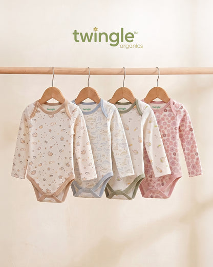 Twingle 100% Organic Cotton Bodysuits-Envelope Neck for Easy Dressing-Nickel Free Snaps-Long Sleeves-Elephant & Dino Print-White-Pack of 2-For Infants