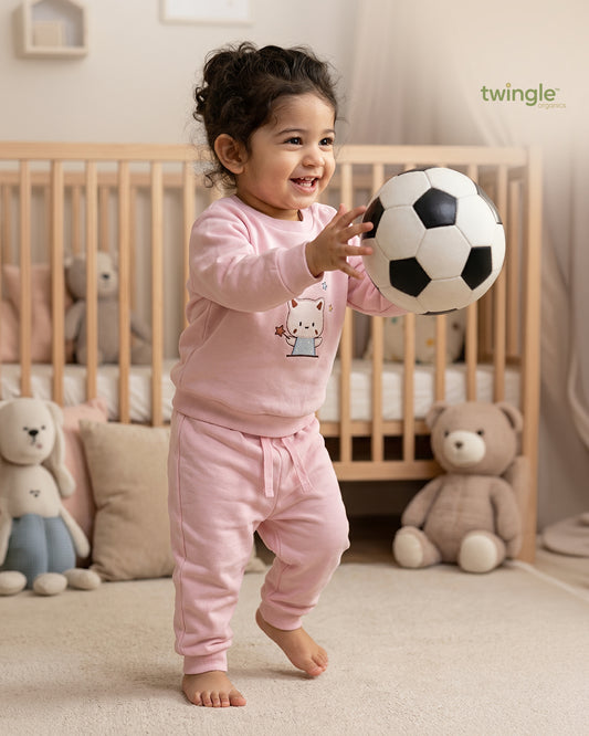 Twingle 100% Organic Cotton Jogger Set-Hypoallergenic Fabric-No Itchy Tags-Soft Elasticated Waistband-Long Sleeves-Solid-Pastel Pink-For Infants